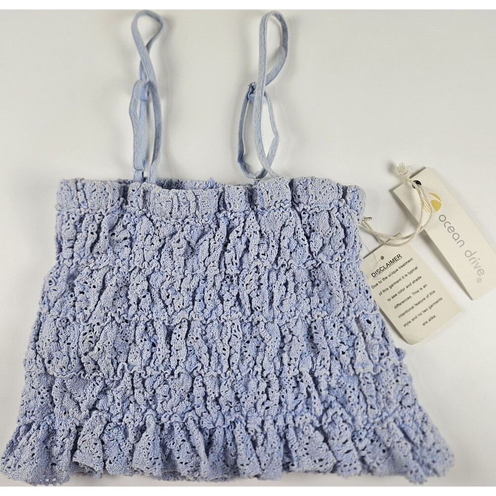 Ocean Drive 100% Cotton Light Blue Lace Cropped Ruffle Tank Top Medium